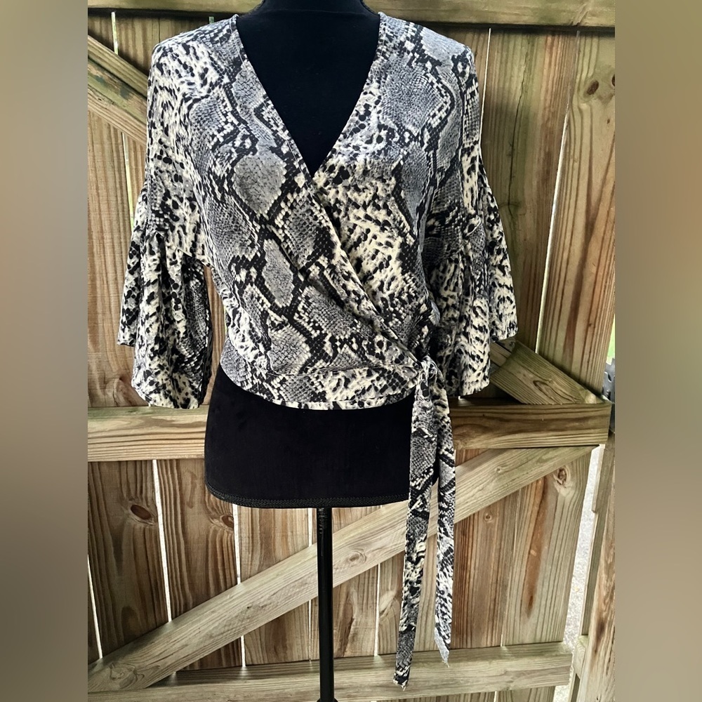 Pants Store Snake Print 3/4 Bell Sleeve Crisscrosses & Ties in Front Blouse